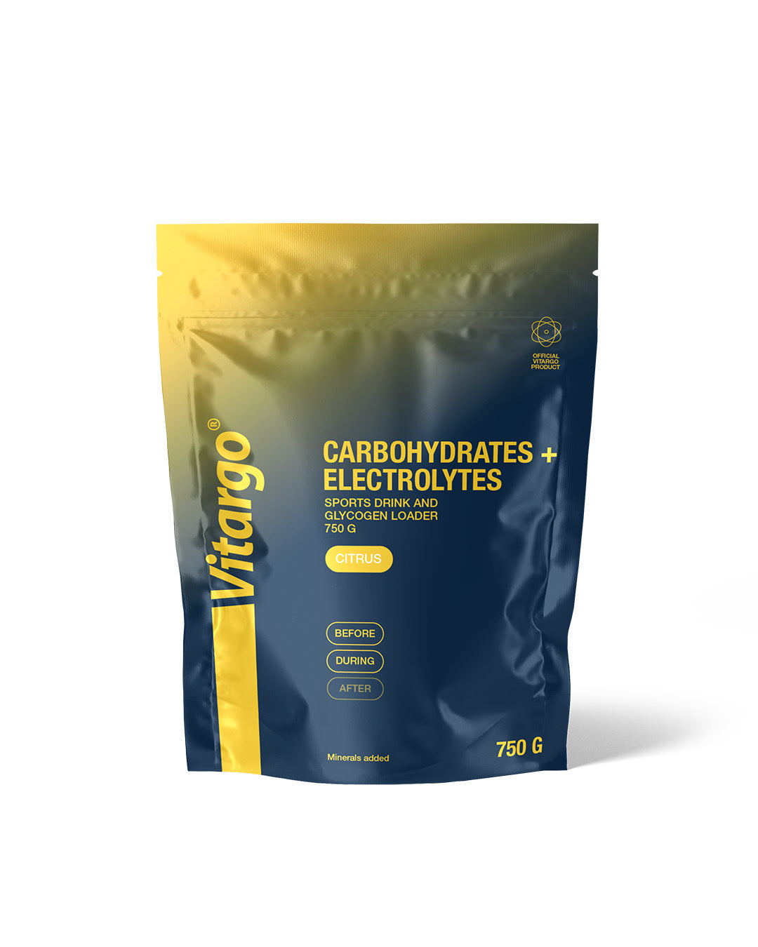 A blue and yellow 750g Vitargo bag with a matte finish. The packaging is plastic, rectangular, and stands upright. Label features bold sans-serif typography with white text on blue and yellow backgrounds. Front of the bag reads: Carbohydrates + Electrolytes in citrus flavor, formulated as a glycogen loader and sports fuel for before, during, or after exercise. The background is plain white, and there are no people or objects in view. This is a straightforward product shot from the front angle.