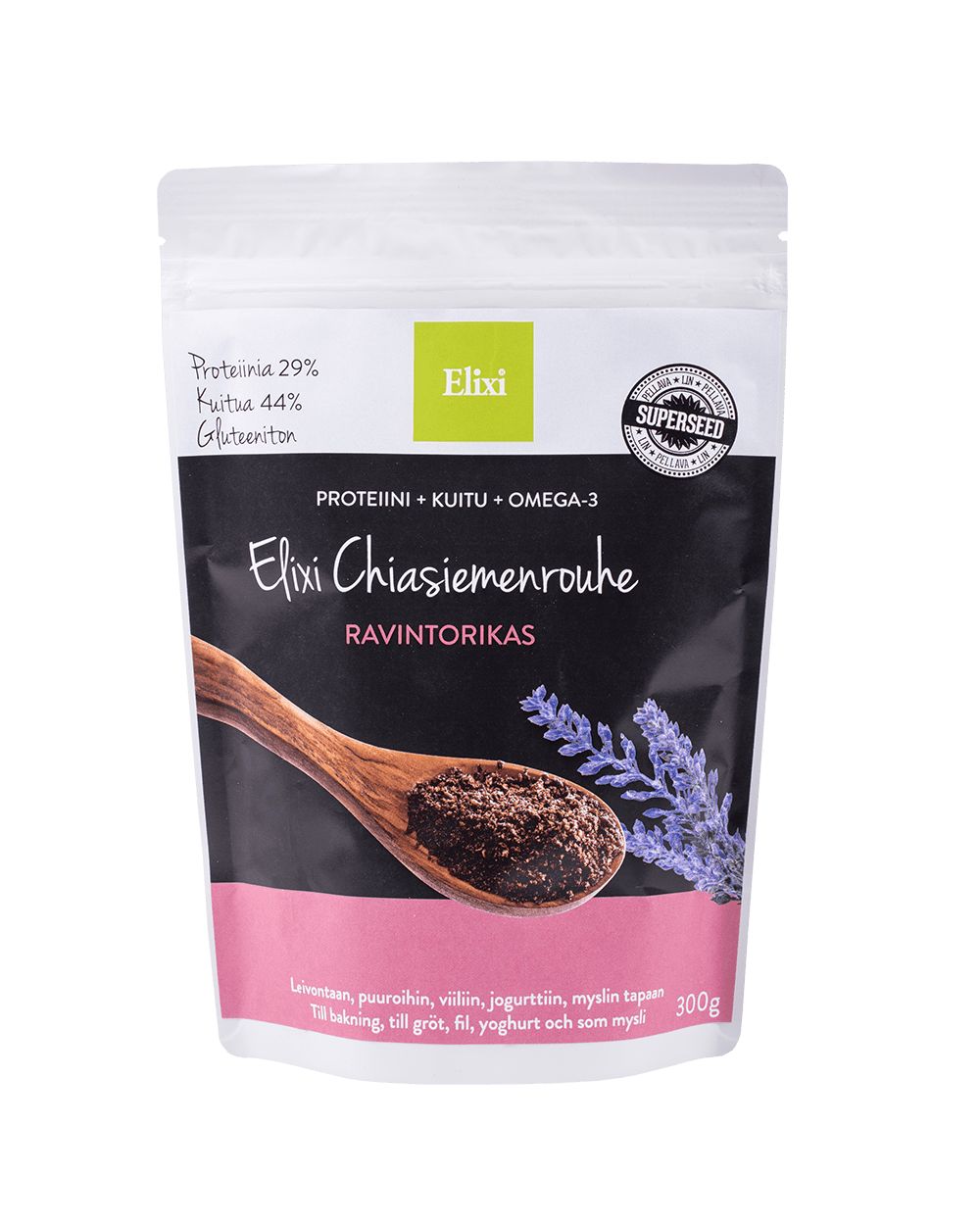 A white resealable bag of Elixi chia seed meal is shown, featuring a wooden spoon full of seeds and a sprig of lavender on the label. Matte finish packaging with rectangular shape and sealed top. The product’s front has a block layout showing nutritional information in black text, Finnish language present. No people or hands visible. Plain light background, front-facing product shot.