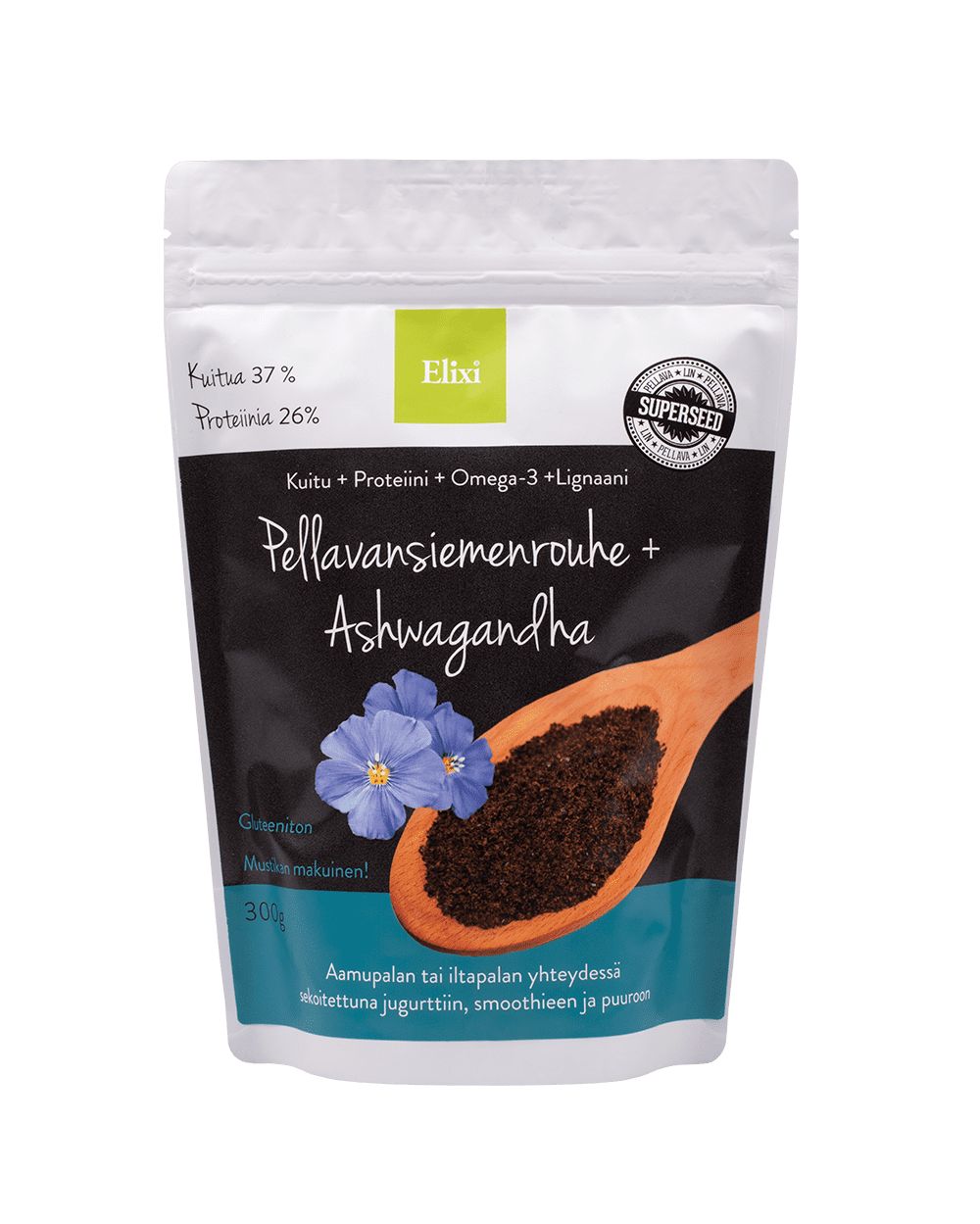 A 300g resealable pouch of Elixi brand flaxseed meal with ashwagandha, labeled in Finnish. The packaging displays a photographic blue flower and a wooden spoon holding the contents. The surface is matte with printed label elements in clear sans-serif typography. No people or hands are visible; the background is plain. Product photographed front-facing.