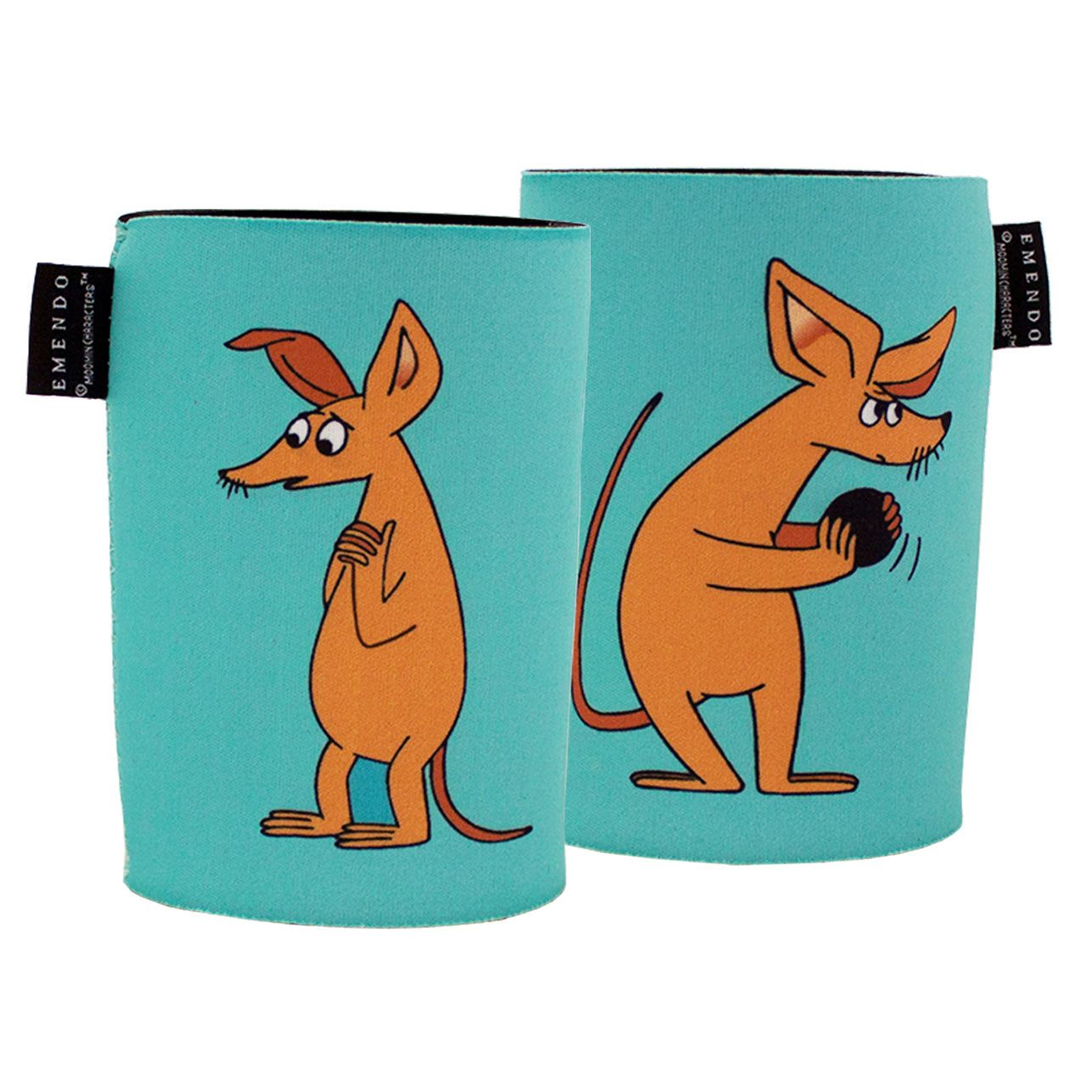 Two teal can coolers, cylindrical shape, matte finish, no visible packaging. Each features printed cartoon orange mice with large ears and tails; one mouse is standing with a shy expression, the other holds a black ball. No legible label text or branding. Plain background, product-only studio shot. Two teal can coolers featuring cartoon orange mice, one standing with a shy expression and the other holding a black ball, both with large ears and tails—perfect for keeping your drinks cool in style.