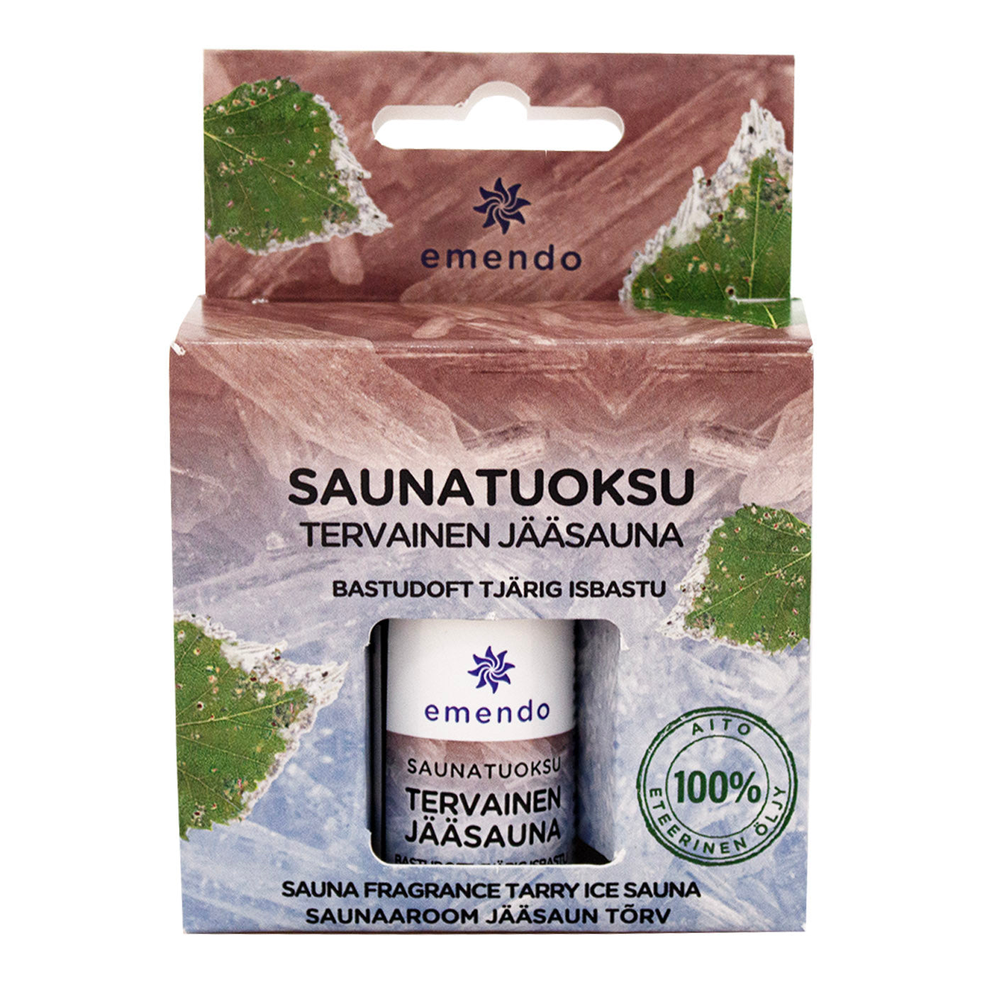 Emendo Saunatuoksu Tervainen Jääsauna; pakkaus Emendo-saunatuoksua, tervainen jääsauna-tuoksu; suorakaiteen muotoinen laatikko mattavalkoisella ja violetilla pinnalla, suomenkielinen teksti groteskifontilla; koivunlehtiä esillä designissa; pyöreä vihreä tarra ilmoittaa 100 % luonnollinen; ei ihmisiä tai käsiä; tausta vaalea ja neutraali.