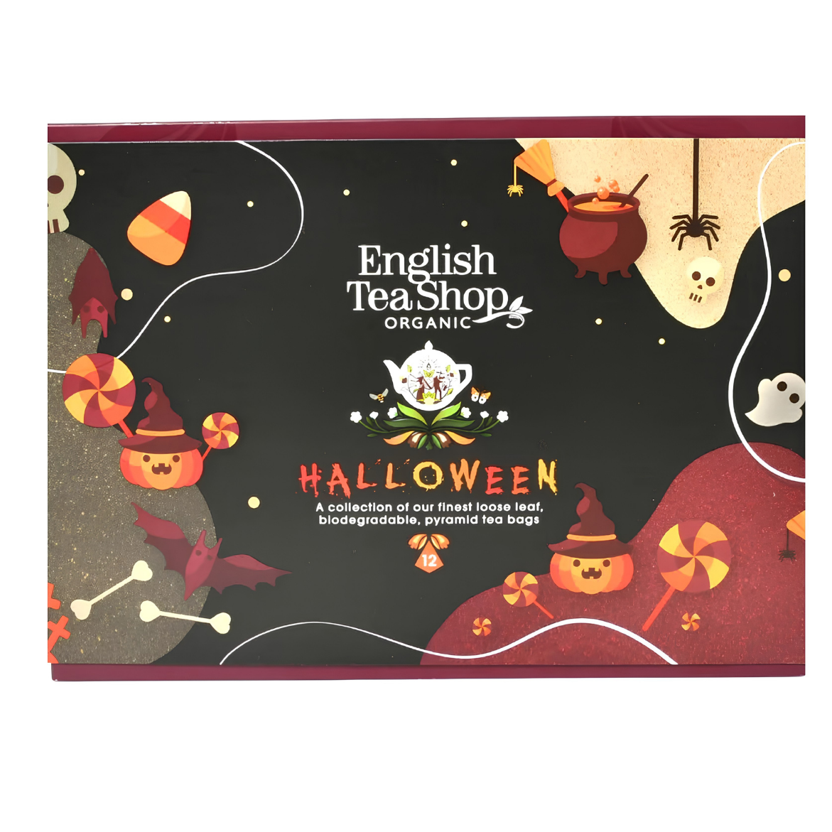 English Tea Shop Halloween Luomu Teelajitelma – tumma Halloween-teemainen lahjapakkaus, 12 pyramidipussia