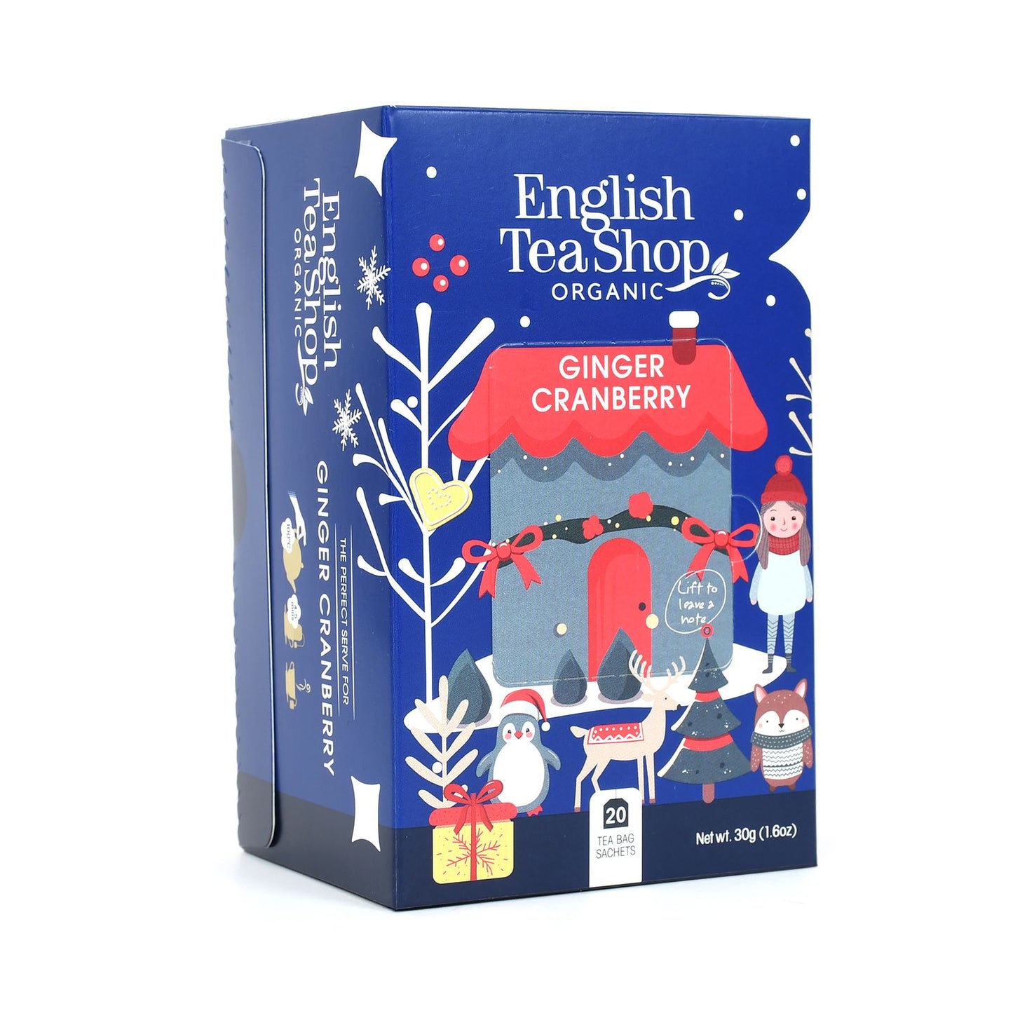 English Tea Shop Luomu Musta tee Ginger Cranberry – sininen jouluinen pakkaus, punakattoinen talo ja poro, 20 teepussia