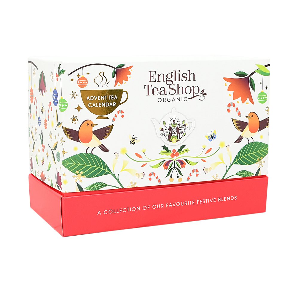 English Tea Shop Luomu Teejoulukalenteri Aarrearkku, valkoinen pakkaus – punapohjainen rasia, punarintakuvitus