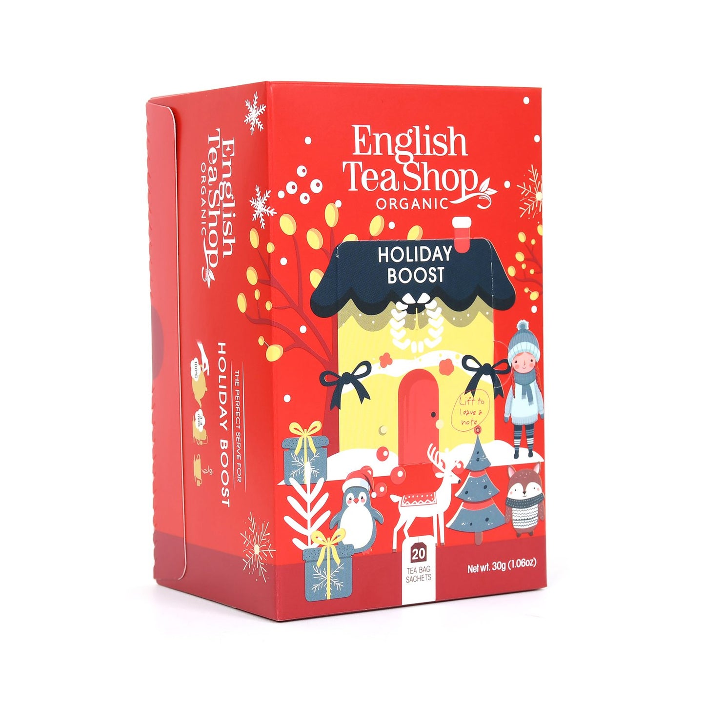 English Tea Shop Luomuhauduke Holiday Boost – punainen jouluinen pakkaus, talo, poro ja pingviini, 20 teepussia