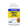Enzymedica Digest Gold with ATPro; valkoinen muovipullo mattapinnalla, merkitty "Enzymedica Digest Gold Maximum Strength", sini-keltaisin korostein ja lihavoidulla groteskitypografialla; etiketissä mainitaan 45 vegaanista ja koolistista kapselia; pakkaus on sylinterinmuotoinen sinisellä korkilla; ei ihmisiä tai käsiä näkyvissä; tausta valkoinen; ravintolisä tukee ruoansulatusta ja entsyymiterveyttä.