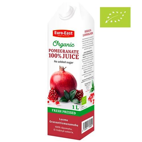 A 1-liter Euro-East Organic Pomegranate 100% Juice carton featuring vibrant images of pomegranates, green leaves, and a green EU organic label. The rectangular carton is mostly white with glossy finish and red accents. Legible text includes “No added sugar” and “Fresh pressed.” Sans-serif type is used. The background is plain white. No people or hands are visible in the product shot.