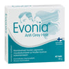 Evonia Anti Grey Hair -pakkaus, 60 tablettia (48 g); sininen-valkoinen mattapintainen suorakaiteen muotoinen rasia, kahden ihmisen siluetit hiuksineen, lihavoitu groteskiteksti suomeksi, "Made in Finland" -merkki