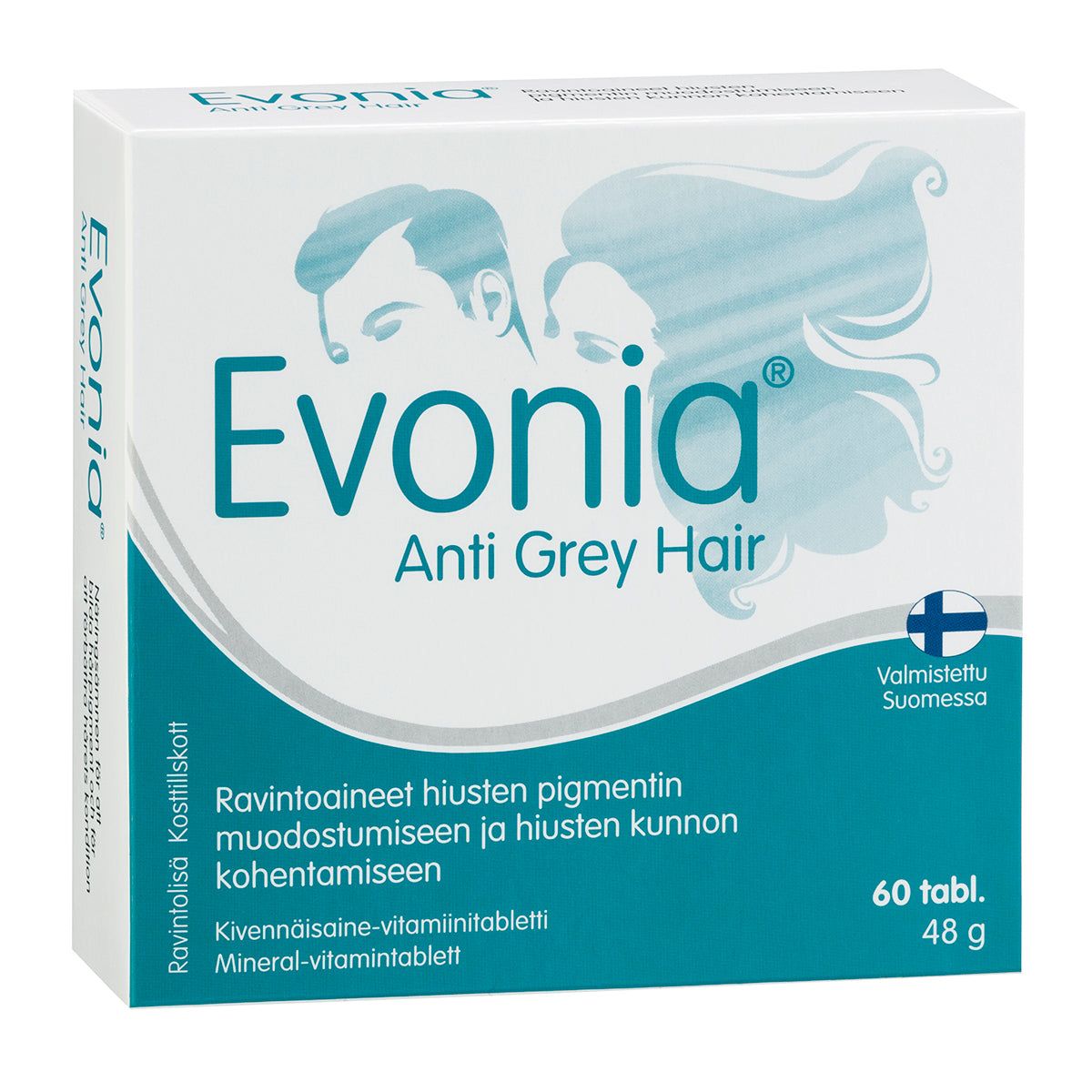 Evonia Anti Grey Hair -pakkaus, 60 tablettia (48 g); sininen-valkoinen mattapintainen suorakaiteen muotoinen rasia, kahden ihmisen siluetit hiuksineen, lihavoitu groteskiteksti suomeksi, "Made in Finland" -merkki