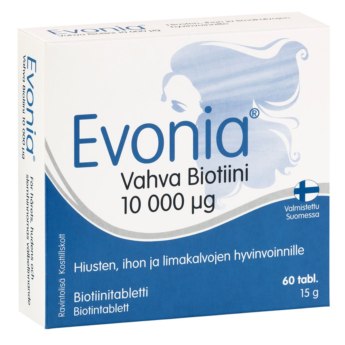 A box of Evonia Vahva Biotiini 10,000 µg biotin tablets is shown, rectangular with a glossy surface. The design features blue and white colors and a graphic outline of a woman’s face with flowing hair. Main label uses bold sans-serif type; secondary text is smaller. The box reads “Evonia Vahva Biotiini 10,000 µg,” mentions 60 tablets, and includes Finnish text. Neutral background with no people visible.