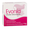 Evonia Hiusten Tehoravinne -pakkaus, pinkki-valkoinen rasia hiuskuvituksella, 56 kapselia (80 g), tiedot suomeksi