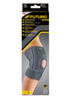 FUTURO Comfort Fit Säädettävä Stabiloiva Polvituki: musta FUTURO-polvistabilaattori pakkauksessaan, jossa polvituki kuvattuna koukistetussa polvessa, teksti korostaa säädettävyyttä ja mukavaa istuvuutta; pääosin musta-keltainen pakkaus painottaa tukea ja stabilointia; suorakulmainen rasia, kiiltävä pinta, valkoinen ja keltainen groteskiteksti; tuote näkyy kuvasisällössä, ei ihmisiä tai käsiä lukuun ottamatta kuvitettua jalkaa; neutraali tausta, studiokuva.