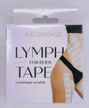 Faceimage Lymfateippi Vartalolle; laatikko, jossa lukee FACEIMAGE LYMPH FOR BODY TAPE, kuvassa naisen vartalo mustissa alushousuissa ja lymfateippiliuskoja reidellä ja vyötäröllä; alla lukee Lymfateippi vartalolle; laatikko on suorakulmainen, etupuolella värikuva mallista vaaleaa taustaa vasten; typografia groteskia ja näkyvästi painettu pakkauksen etupuolelle; ei käsiä tai muita esineitä näkyvissä.