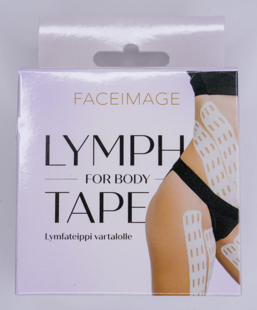 Faceimage Lymfateippi Vartalolle; laatikko, jossa lukee FACEIMAGE LYMPH FOR BODY TAPE, kuvassa naisen vartalo mustissa alushousuissa ja lymfateippiliuskoja reidellä ja vyötäröllä; alla lukee Lymfateippi vartalolle; laatikko on suorakulmainen, etupuolella värikuva mallista vaaleaa taustaa vasten; typografia groteskia ja näkyvästi painettu pakkauksen etupuolelle; ei käsiä tai muita esineitä näkyvissä.