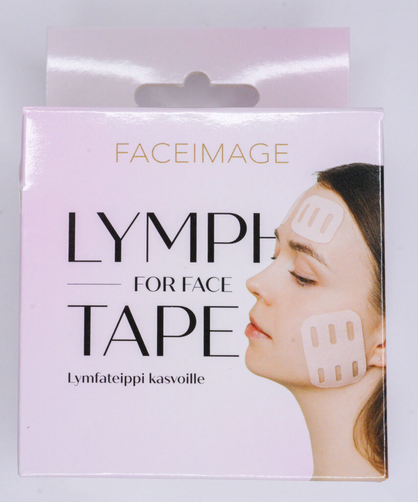 Faceimage Lymfateippi Kasvoille; laatikko FaceImage-lymfateippiä kasvoille, kuvassa nainen, jonka poskella ja ohimolla teippiliuskoja; suorakulmainen pakkaus on pääosin valkoinen ja hieman sininen, mattapintainen; lihavalla mustalla groteskitekstillä nimet "Lymph for Face Tape" ja "Lymfateippi kasvoille"; studiotuotekuva ilman muita näkyviä esineitä.