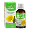 A box and bottle of Femi-glandin GLA+E cold-pressed evening primrose oil; packaging features a yellow flower and Finnish text highlighting its use for dry and sensitive skin, with essential GLA. The box is rectangular, predominantly white with yellow accents, matte finish, and a printed photo of the product. The bottle is dark brown glass with a white screw cap and a white label. Both display legible product name in bold sans-serif font. Neutral background, no people or actions visible, close-up shot
