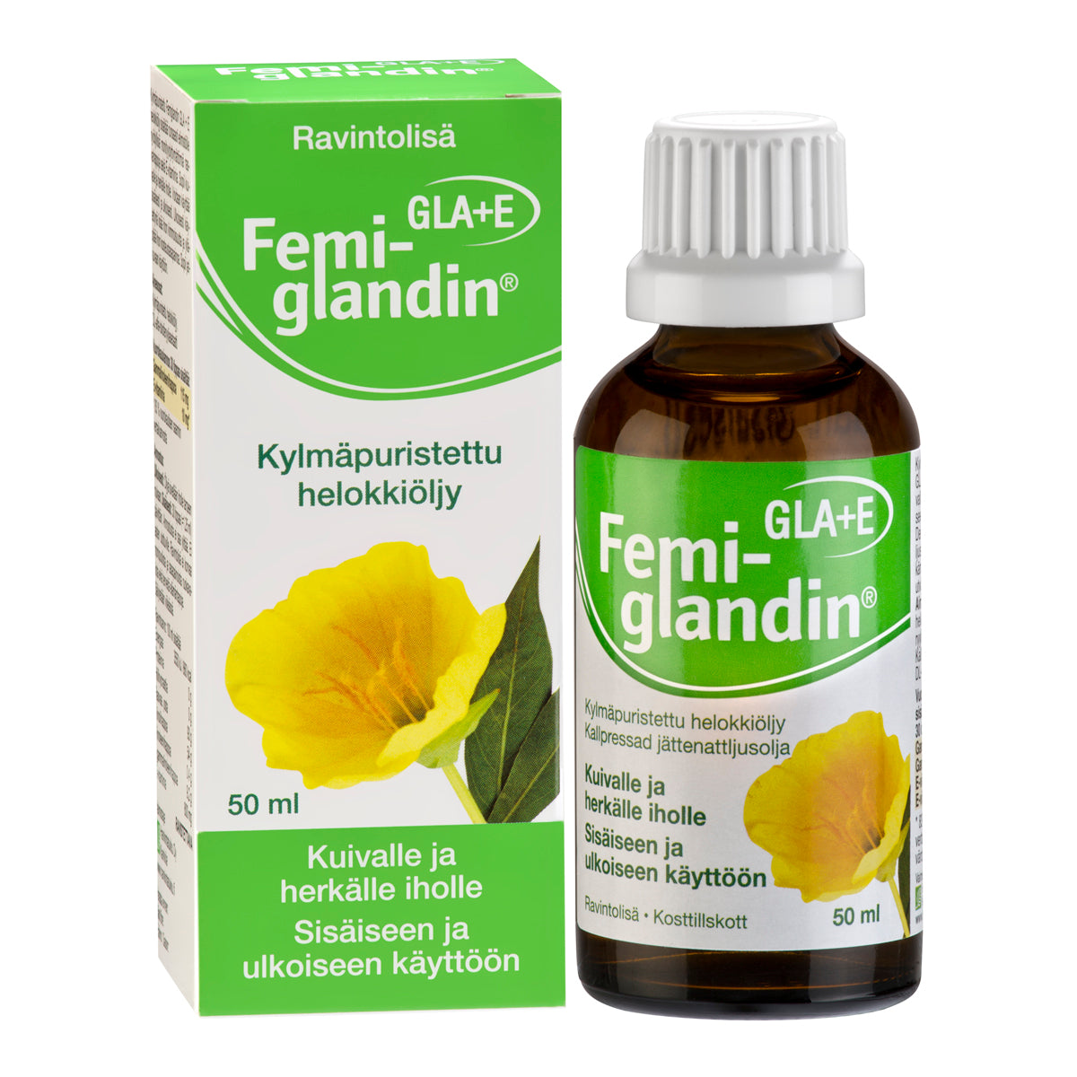 A box and bottle of Femi-glandin GLA+E cold-pressed evening primrose oil; packaging features a yellow flower and Finnish text highlighting its use for dry and sensitive skin, with essential GLA. The box is rectangular, predominantly white with yellow accents, matte finish, and a printed photo of the product. The bottle is dark brown glass with a white screw cap and a white label. Both display legible product name in bold sans-serif font. Neutral background, no people or actions visible, close-up shot