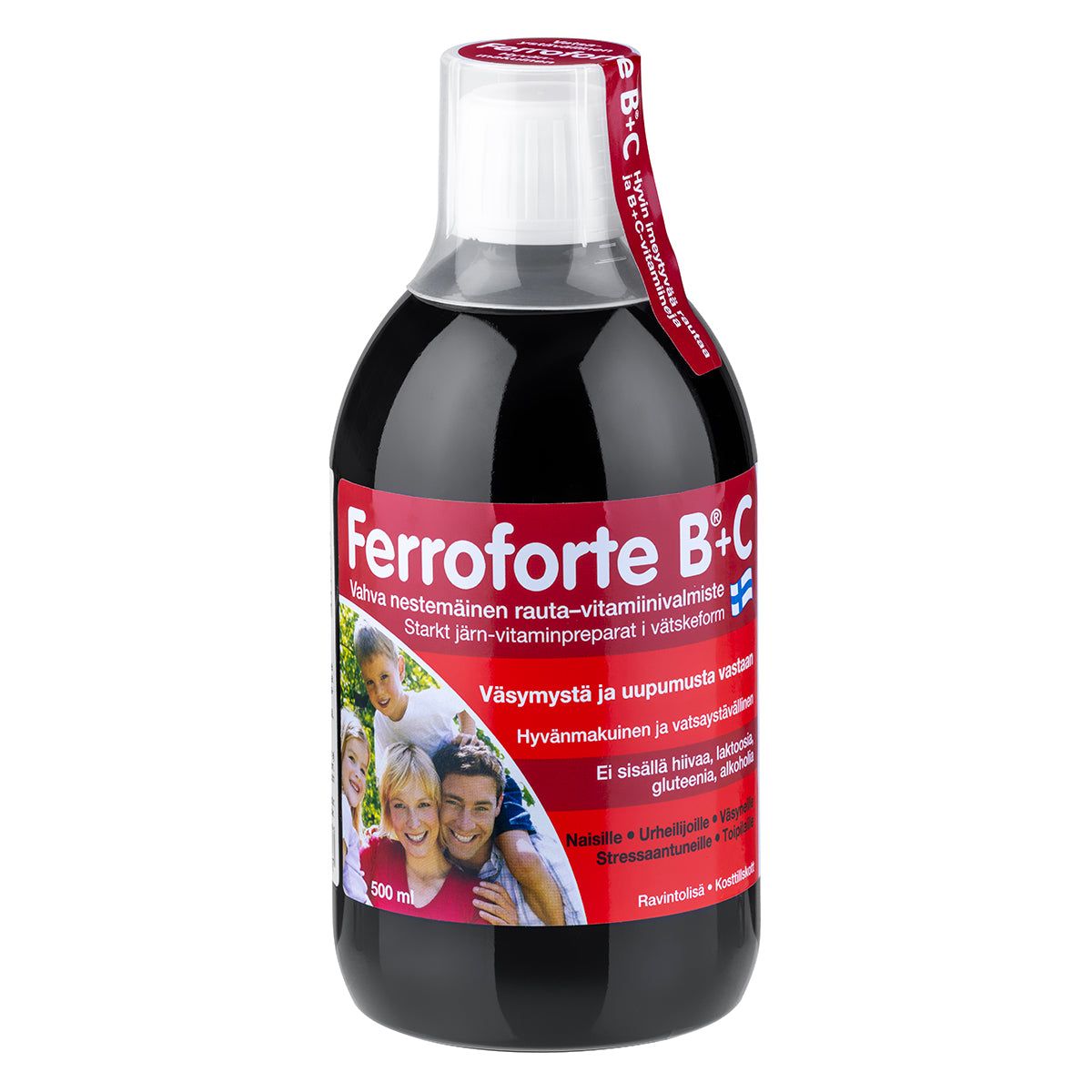 Ferroforte B + C Nestemäinen Rautavalmiste -pullo, 500 ml; sylinterimäinen, tummanruskea ja kiiltäväpintainen muovipullo läpikuultamattomalla valkoisella kierrekorkilla; punaisessa etiketissä suomenkielistä tekstiä ja valokuva hymyilevistä perheistä; lihavoitua valkoista ja mustaa tekstausvapaata kirjasinta; pullo kuvattu pystyssä valkoista taustaa vasten.