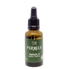 A brown dropper bottle labeled PERKELE PARTAÖLJY SKÄGGOLJA BEARD OIL with a green label, black plastic cap, and attached pipette is positioned upright on a plain white background. The label features bold, all-caps sans-serif type in white and yellow. The bottle has a cylindrical shape with smooth sides. No people or props are present in the image.