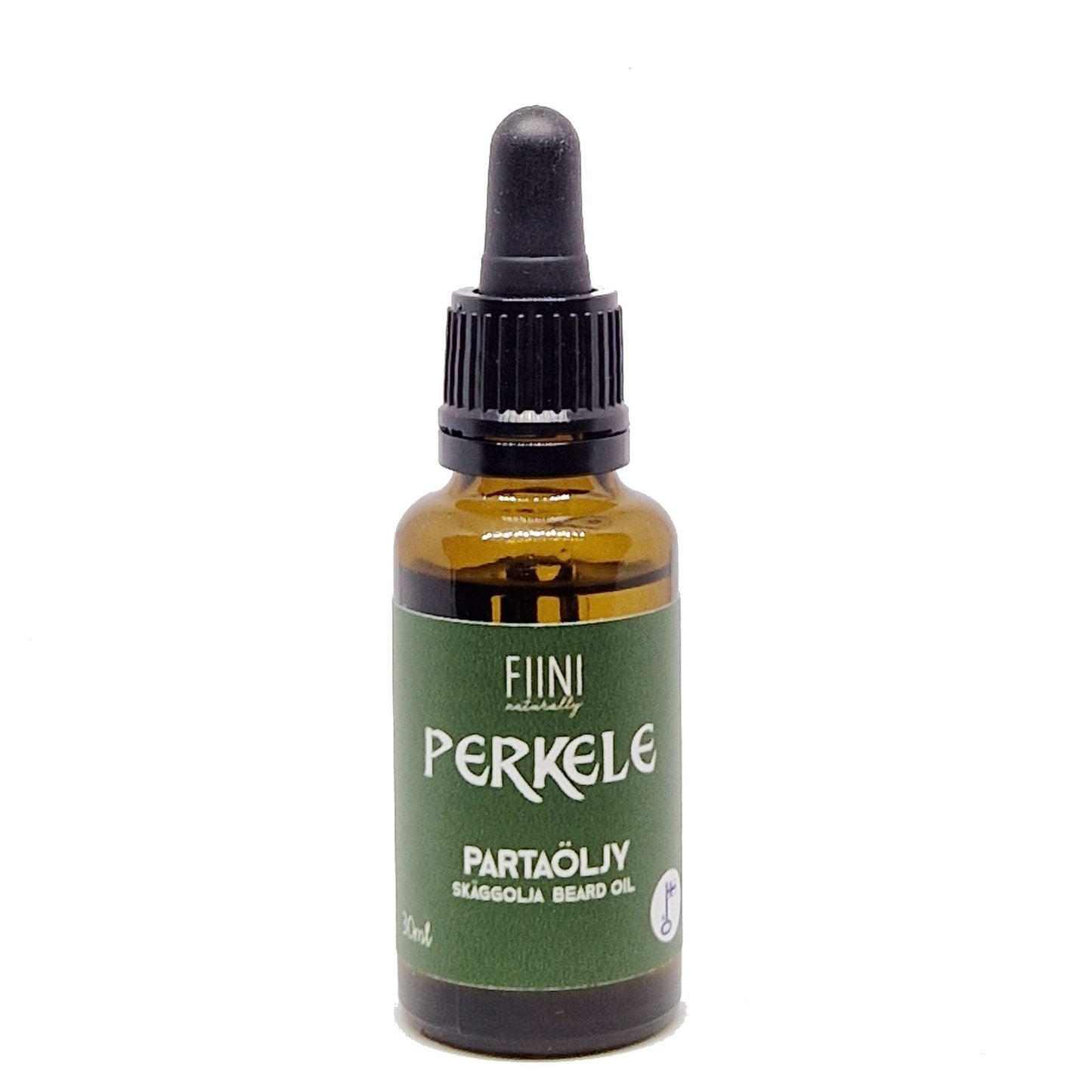 A brown dropper bottle labeled PERKELE PARTAÖLJY SKÄGGOLJA BEARD OIL with a green label, black plastic cap, and attached pipette is positioned upright on a plain white background. The label features bold, all-caps sans-serif type in white and yellow. The bottle has a cylindrical shape with smooth sides. No people or props are present in the image.