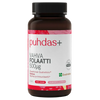 puhdas+ Vahva Folaatti 500 µg -pullo, ruskea pullo valkoisella ja vaaleanpunaisella mattaetiketillä, vegaani- ja Quatrefolic-logot; etiketissä suomenkielistä tekstiä korostaen Quatrefolic-käyttöä; yksinkertaista tekstausvapaata typografiaa; tuote yksinään yksinkertaista taustaa vasten; ei ihmisiä tai käsiä näkyvissä.