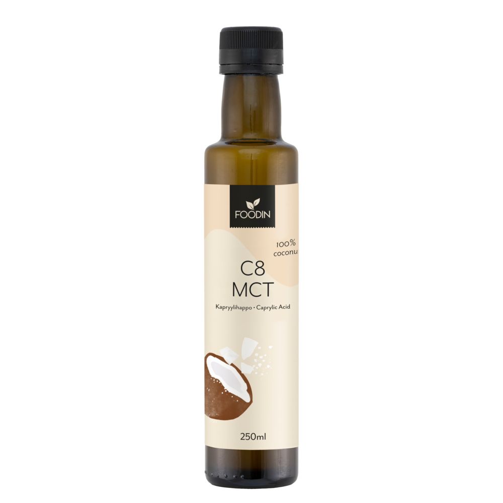 Foodin Kapryylihappo -pullo, 250 ml; ruskea, sylinterimäinen ja mattapintainen pullo; etiketissä kuva kookospähkinästä sekä teksti "100% coconut" ja "Kapryylihappo — Caprylic Acid" tekstausvapaalla kirjasimella; kuvattu valkoista taustaa vasten, ei ihmisiä tai muita esineitä.