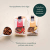Foodin Sweet Chili Almonds; kaksi mantelinaksupussia, Sweet Chili ja Honey Garlic, vaalealla alustalla mantelien kera metallisessa kauhassa; pussit pystyssä, mattapintaisia, suorakaiteen muotoisia, suomenkielistä tekstiä lihavoidulla groteskilla kertoen öljyttömästä paahtamisesta ja yksinkertaisista ainesosista; ei ihmisiä tai käsiä; tuotekuva ylhäältä.