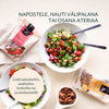 Foodin Honey Garlic Almonds; tasokuva salaattikulhoista, paahdettujen pähkinöiden pusseista ja pienestä pähkinäkulhosta vaalealla alustalla; pussit pystyssä, suorakaiteen muotoisia ja mattamateriaalia, pelkistettyä suomenkielistä tekstiä ja pähkinäkuvia etusivulla; salaattikulhot pyöreitä lasia tai keramiikkaa; tausta sileä ja luonnonvalkoinen; ei ihmisiä tai käsiä; suomenkielinen teksti luettavissa lihavoidulla groteskilla tuotteiden yläpuolella.
