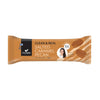 A Foodin Clean & Real Salted Caramel Pecan protein bar in orange matte packaging, rectangular shape, features images of pecans and a circular label stating 19g protein. Notable sans serif white and brown text. Small color photo of a smiling woman on the front. Product rests on a plain white background in a flat lay shot.