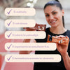 Smiling person holds protein bars; Finnish text highlights the products contain no maltitol, sucralose, sugar, palm oil, aspartame, acesulfame K, or artificial colors. Protein bars in rectangular packaging with a matte finish are held clearly by hand. The wrappers show clear and bold printed Finnish text. Plain background with neutral lighting; medium shot centered on hands and products.