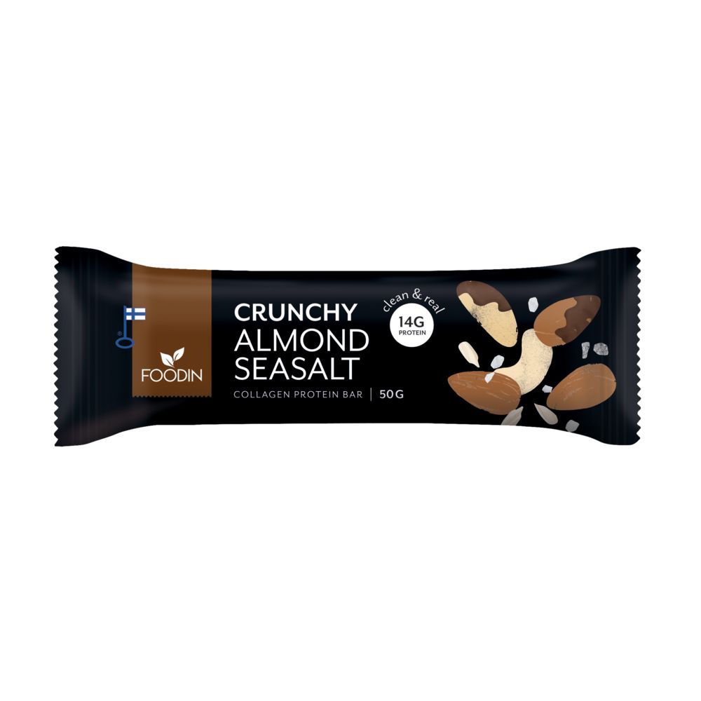 A black protein bar wrapper labeled Crunchy Almond Seasalt features images of almonds and cashews, highlighting 14g protein and 50g. The Foodin logo and collagen protein bar text are also visible, emphasizing its high-protein content. The packaging is rectangular with a matte finish, white sans-serif typography dominates the front, and all label text is in clear print; no people or hands present. Background not shown.