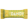 Foodin Dandy Candy Date Bar Sour Lemon; keltainen ja vihreä patukan kääre, jossa lukee Dandy, maku Sour Lemon, ja teksti No Added Sugar, valmistaja Foodin, 35 g; pakkaus on kiiltävää muovia lihavalla kirjasimella, pääosin groteskityyppinen; kääre on suorakulmainen ja saumat suljetut, kaikki teksti etupuolella; kuvassa ei näy muita esineitä tai ihmisiä, kuva on eristetty yksiväriselle taustalle.
