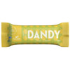 Foodin Dandy Candy Date Bar Sour Lemon; keltainen ja vihreä patukan kääre, jossa lukee Dandy, maku Sour Lemon, ja teksti No Added Sugar, valmistaja Foodin, 35 g; pakkaus on kiiltävää muovia lihavalla kirjasimella, pääosin groteskityyppinen; kääre on suorakulmainen ja saumat suljetut, kaikki teksti etupuolella; kuvassa ei näy muita esineitä tai ihmisiä, kuva on eristetty yksiväriselle taustalle.