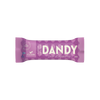 Foodin Dandy Candy Date Bar Sour Raspberry: violetiksi käärätty kaurapatukka tekstillä "DANDY Sour Raspberry" merkiltä Foodin, ei lisättyä sokeria eikä makeutusaineita, paino 35 g; kääre on mattapintainen lohkomaisella valkoisella ja punaisella kirjoituksella; tuotetyyppi ja maku näkyvät selvästi; pakkaus on suorakulmainen rypytetyin päin; valkoinen tausta, kuva edestäpäin, ei ihmisiä tai käsiä näkyvissä.