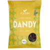Keltainen pussi Foodin Candy Dates Dandy Sour Lemon -makuisena, 90 g. Pakkauksessa on leikkisiä pilkkukuvioita, Foodin-logo ja pieni kirkas ikkuna, joka näyttää sisällä olevat taatelikarkit. Mattapintainen muovipussi on suorakulmainen; etiketissä lukee tuotenimi ja paino pääteviivattomalla fontilla. Tuote seisoo pystyssä pelkistetyllä taustalla, ihmisiä tai käsiä ei näy kuvassa.