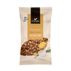 Foodin Honey Garlic Almonds; pussi Foodin Dry Roasted Honey Garlic Almonds -manteleita, pakkauksessa kuvia manteleista, valkosipulinkynnestä, vihreistä yrteistä ja hunajakauhasta; mattapintainen seisova pussi pääosin ruskea valkoisin tekstein modernilla groteskifontilla; etusivulla merkintä ”110 g”, suomalainen laatumerkki ja mainintoja hunajan ja valkosipulin mauista; tasainen studiotausta, ei ihmisiä tai toimintaa näkyvissä.