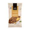 Foodin Honey Garlic Almonds; pussi Foodin Dry Roasted Honey Garlic Almonds -manteleita, pakkauksessa kuvia manteleista, valkosipulinkynnestä, vihreistä yrteistä ja hunajakauhasta; mattapintainen seisova pussi pääosin ruskea valkoisin tekstein modernilla groteskifontilla; etusivulla merkintä ”110 g”, suomalainen laatumerkki ja mainintoja hunajan ja valkosipulin mauista; tasainen studiotausta, ei ihmisiä tai toimintaa näkyvissä.