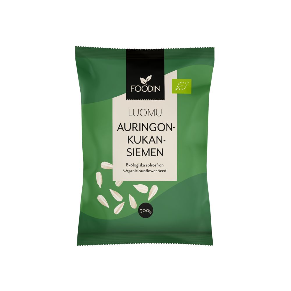 Foodin Luomu Auringonkukansiemen, 300 g; vihreä pakkaus, suomen- ja englanninkielistä tekstiä sekä värikkäitä auringonkukansiemenkuvituksia; mattapintainen, tasapohjainen joustopakkaus; suorakulmainen; valkoista lohkokirjaimista groteskitekstiä; pakkaus pystyssä vaalealla taustalla, ei ihmisiä.
