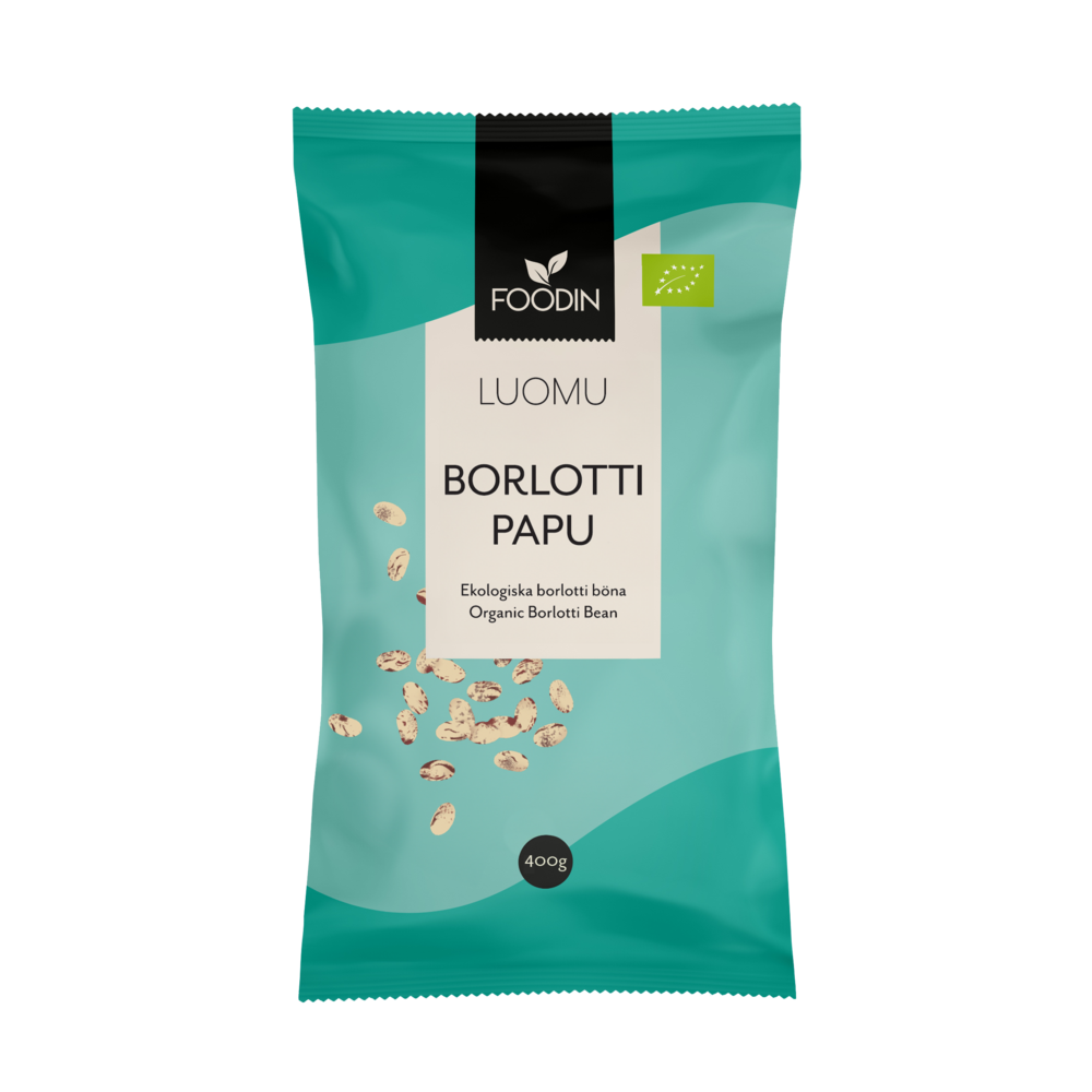 Foodin Luomu Borlottipapu; sinivihreä pussi luomu-borlottipapuja, 400 g, etuosassa kuvitettuja hajallaan olevia papuja ja kaksikielinen suomi-englanti-etiketti; pakkaus on mattapintainen, suorakulmainen, seisoo pystyssä uudelleensuljettavalla yläosalla; päätekstissä valkoista groteskikirjasinta; tausta valkoinen, ei ihmisiä tai rekvisiittaa näkyvissä.