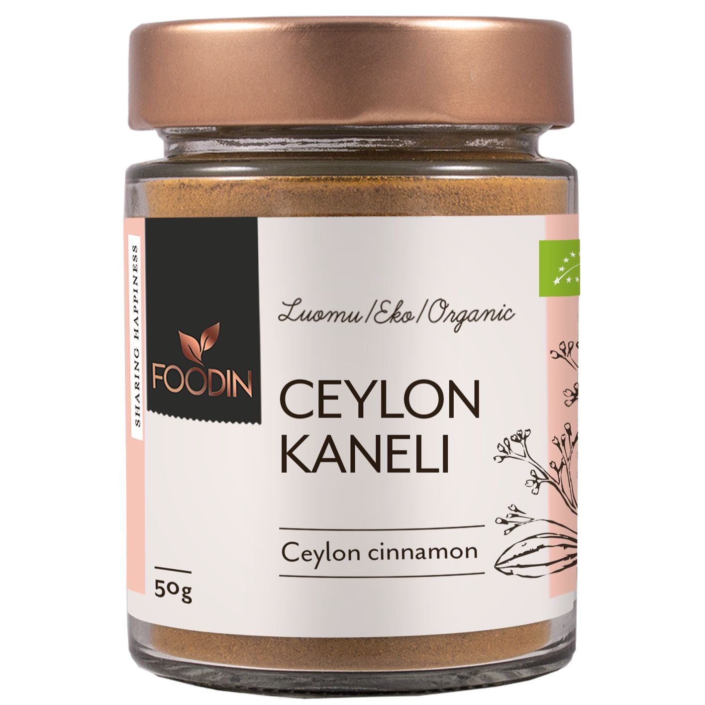 Foodin Luomu Ceylon Kaneli -lasipurkki, kuparinvärinen kansi, valkoinen etiketti ja mustaa tekstiä; etiketissä kasviaiheinen kuvitus sekä selkeästi näkyvä teksti "organic" ja "50 g"; purkin pinta kiiltävä, muoto suoralaitainen; tausta yksinkertainen; ei ihmisiä tai käsiä näkyvissä; lähikuva tuotteesta.