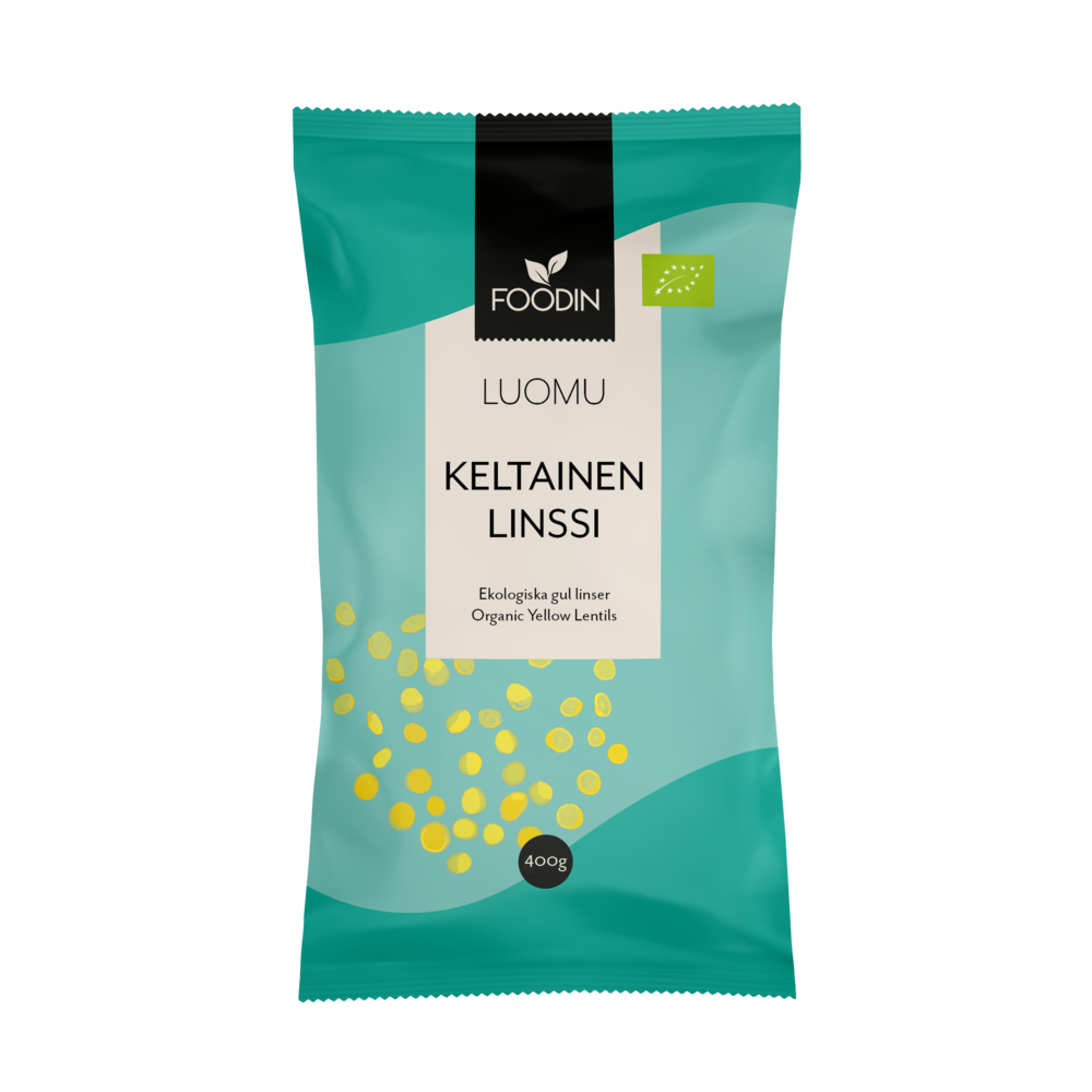Foodin Luomu Keltainen Linssi; sinivihreä pakkaus luomukeltaisia linssejä keltaisin pistein, merkitty Keltainen Linssi, 400 g etuosassa, korostaa luomulaatua; pussi on suorakulmainen mattapinnalla; valkoista groteskikirjasinta käytetään brändi- ja tuotenimessä; tausta on yksinkertainen ja vaalea; ei ihmisiä tai käsiä näkyvissä kuvassa.