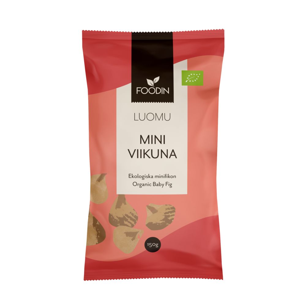Foodin Luomu Miniviikuna, punainen-vaaleanpunainen pussi luomu-viikunoille lapsille, merkitty "LUOMU MINI VIIKUNA", ekomerkinnät ja 150 g -merkintä, viikunakuvituksia kestävän pakkauksen alaosassa; mattapintainen pussi suorakulmainen tiivistetyin reunoin; lihavoitu groteskityppografia pääetiketeille; ei ihmisiä eikä käsiä näkyvissä; tausta neutraali, keskitetty tuotekuva.