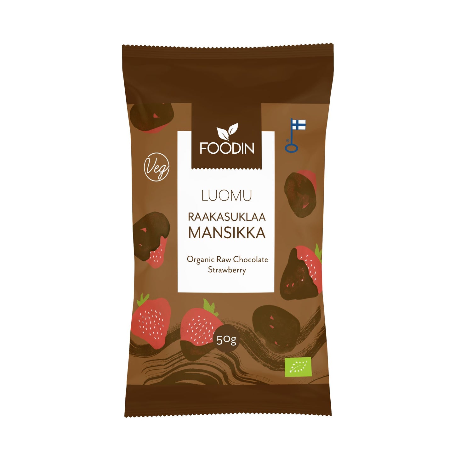 Foodin Luomu Raakasuklaa Mansikka, vegaaninen, 50 g; ruskea pakkaus, jossa kuvia suklaakuorrutteisista mansikoista sekä tekstiä suomeksi ja englanniksi; mattapintainen, suorakulmainen pussi saumatuin reunoin, seisoo pystyssä; selkeät eko- ja vegaanimerkinnät sekä pieni Suomen lippu alaosassa; valkoista groteskitekstiä etusivulla; vaalea tausta, ei ihmisiä tai käsiä.