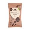 A 100g package of Foodin Raakasuklaa-Rouhe Dark, upright and rectangular with a matte brown surface. The front displays an illustrated whisk and scattered abstract chocolate piece graphics. Legible label includes “70% cacao,” “organic,” brand name, and product name in sans-serif type. No people or actions present; shot uses a plain brown background.