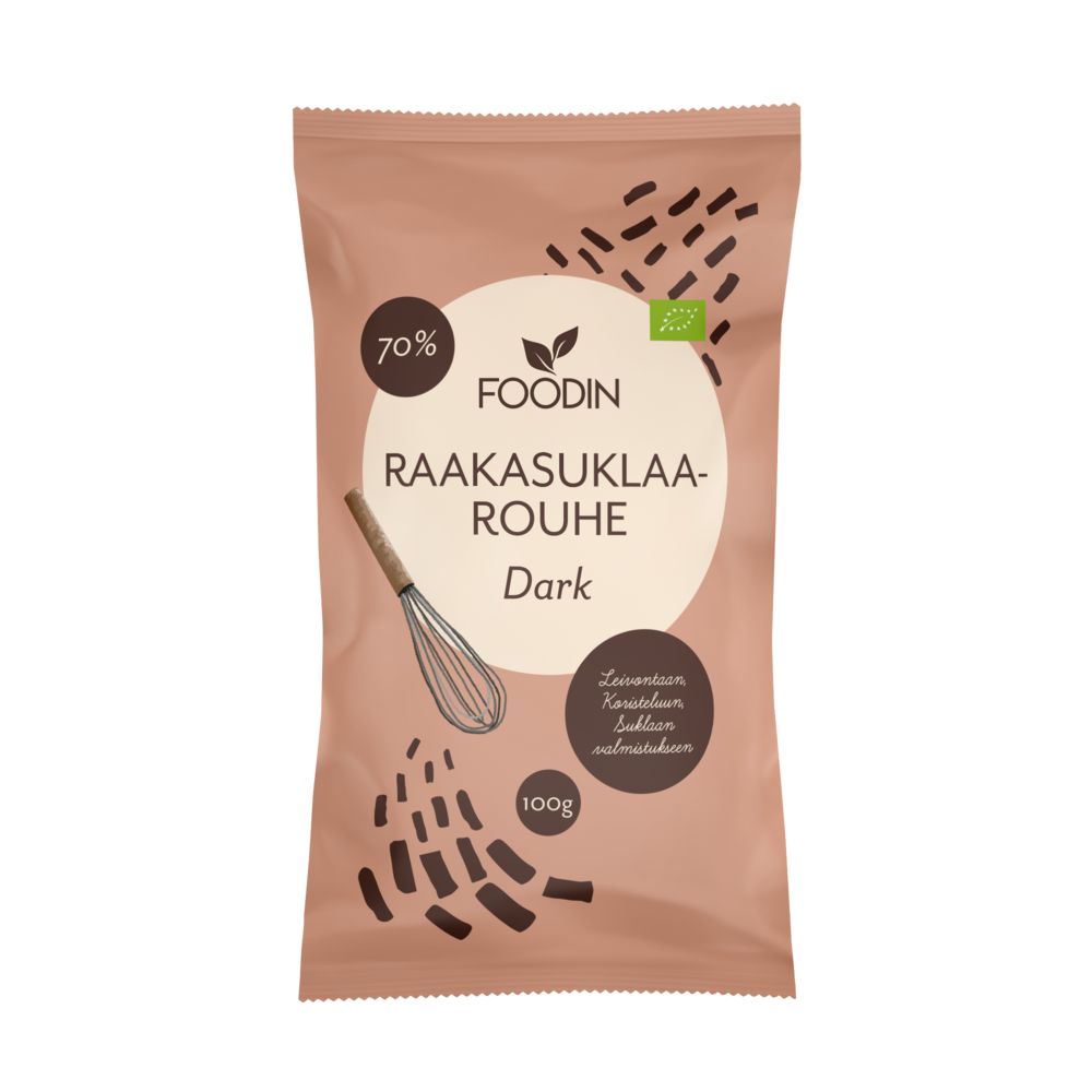 A 100g package of Foodin Raakasuklaa-Rouhe Dark, upright and rectangular with a matte brown surface. The front displays an illustrated whisk and scattered abstract chocolate piece graphics. Legible label includes “70% cacao,” “organic,” brand name, and product name in sans-serif type. No people or actions present; shot uses a plain brown background.
