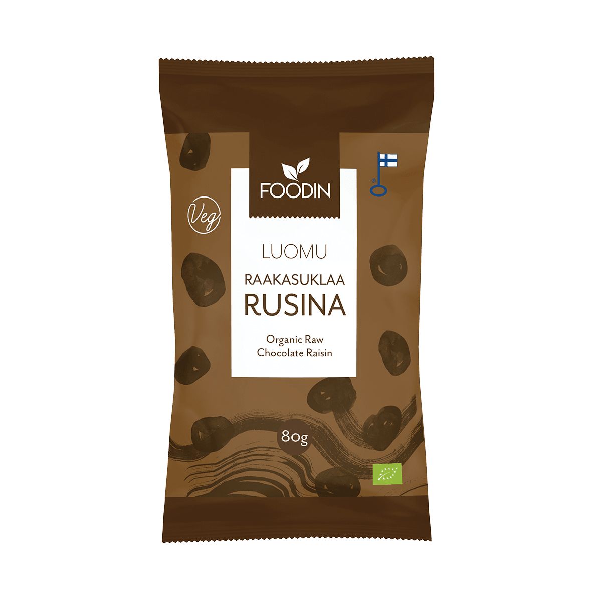 Foodin Luomu Raakasuklaarusina, 80 g; ruskea pussi Suomen lipulla, luomusertifioinnilla ja kuvituksella suklaakuorrutetuista rusinoista; teksti suomeksi ja englanniksi; mattapintainen muovipussi uudelleensuljettavalla yläosalla, pyöristetyt kulmat; lihavoitu valkoinen groteskiteksti brändinimelle keskellä yläosaa; vähäinen taustan näkyvyys kuvassa.