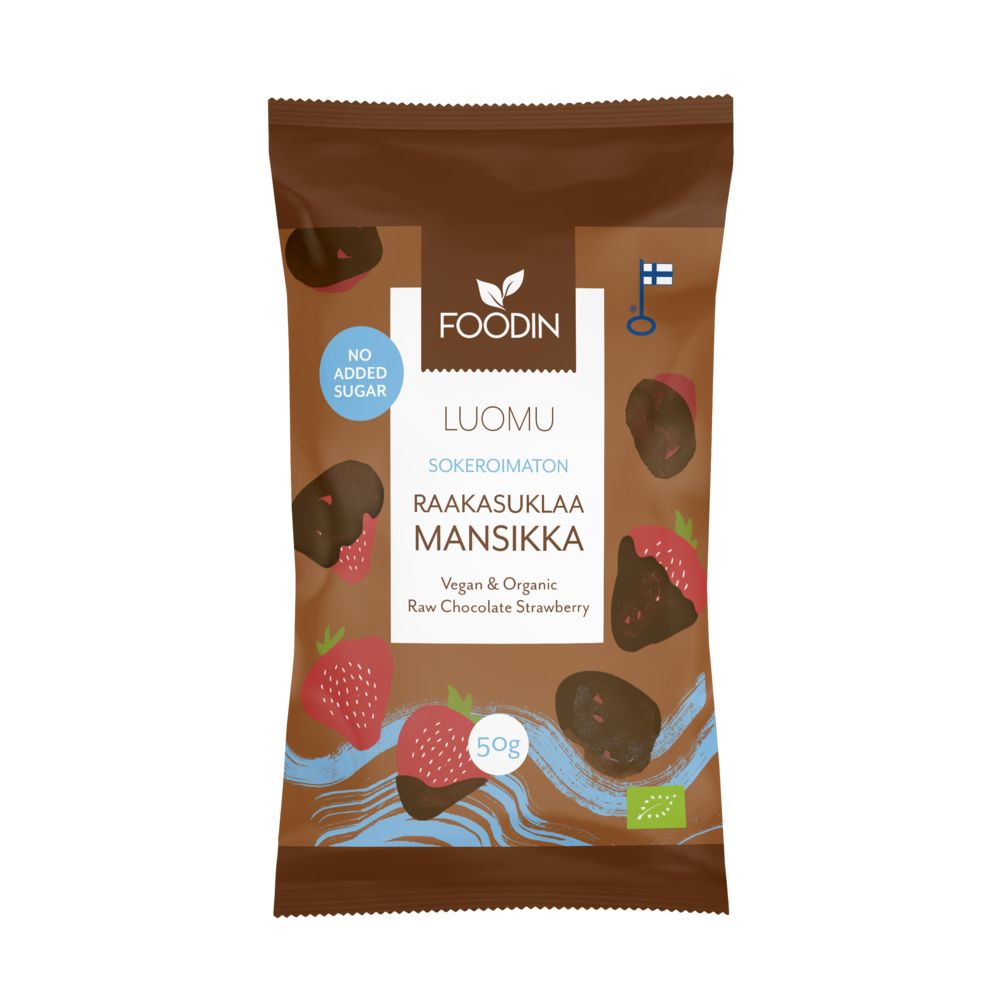 A brown 50g snack bag labeled Foodin featuring images of strawberries dipped in chocolate. Matte finish with a vertical rectangular shape and resealable top. Label uses bold, sans-serif typography. Main text includes raw chocolate strawberry, vegan, organic, no added sugar; Finnish and EU organic certification logos are visible. The product is photographed against a plain white background with no people visible.