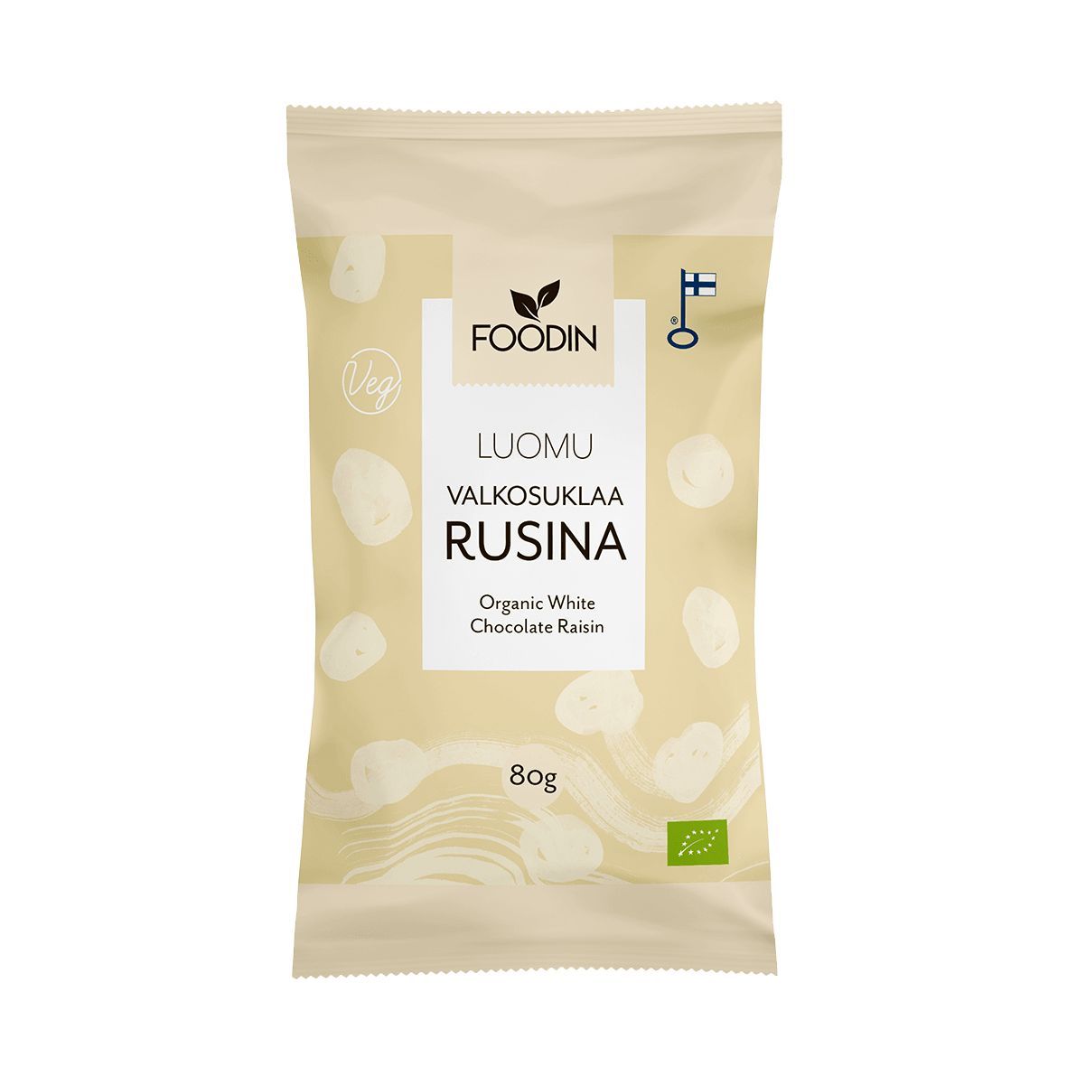 Foodin Luomu Valkosuklaarusina, 80 g; beige pussi valkoisin kuvituksin ja suomenkielisellä tekstillä; joustavassa mattapintaisessa pussissa keskellä pyöreä läpinäkyvä ikkuna, josta näkyy tuote; etupuolella vegaani-, luomu- ja suomalaista alkuperää osoittavat merkit ryhmiteltyinä; groteskikirjasin kaikessa tekstissä; tasaisesti valaistu tausta.