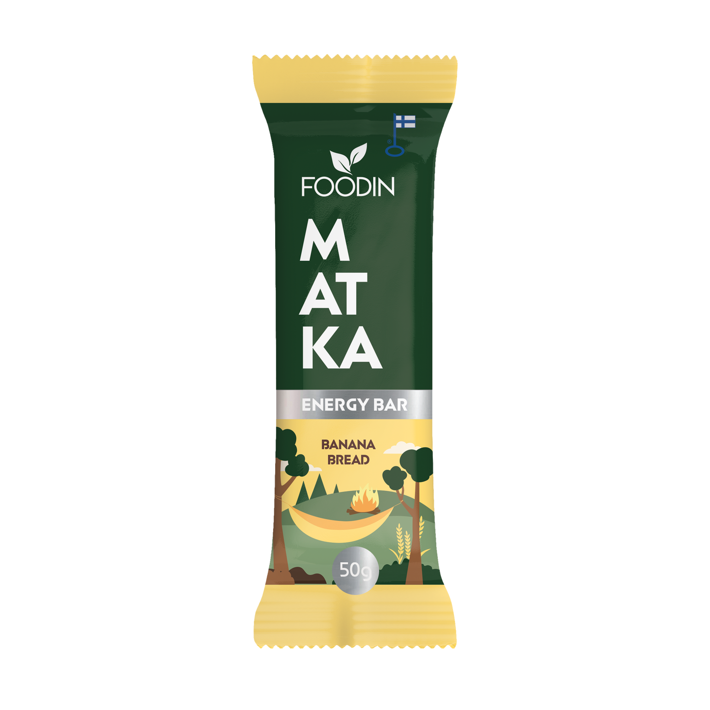 Foodin MATKA Energy Bar Banana Bread; Foodin Matka -energiapatukka banaanileivän maussa vihreässä ja keltaisessa mattapintaisessa kääreessä, kuvituksena puita ja nuotio; teksti selkeällä tikkukirjasimella; etiketissä lukee ”50g protein snack”; suorakaiteen muotoinen pakkaus ilman näkyvää läpinäkyvyyttä tai kiiltoa; tuote lepää tasaisella pinnalla ilman muita esineitä tai ihmisiä.