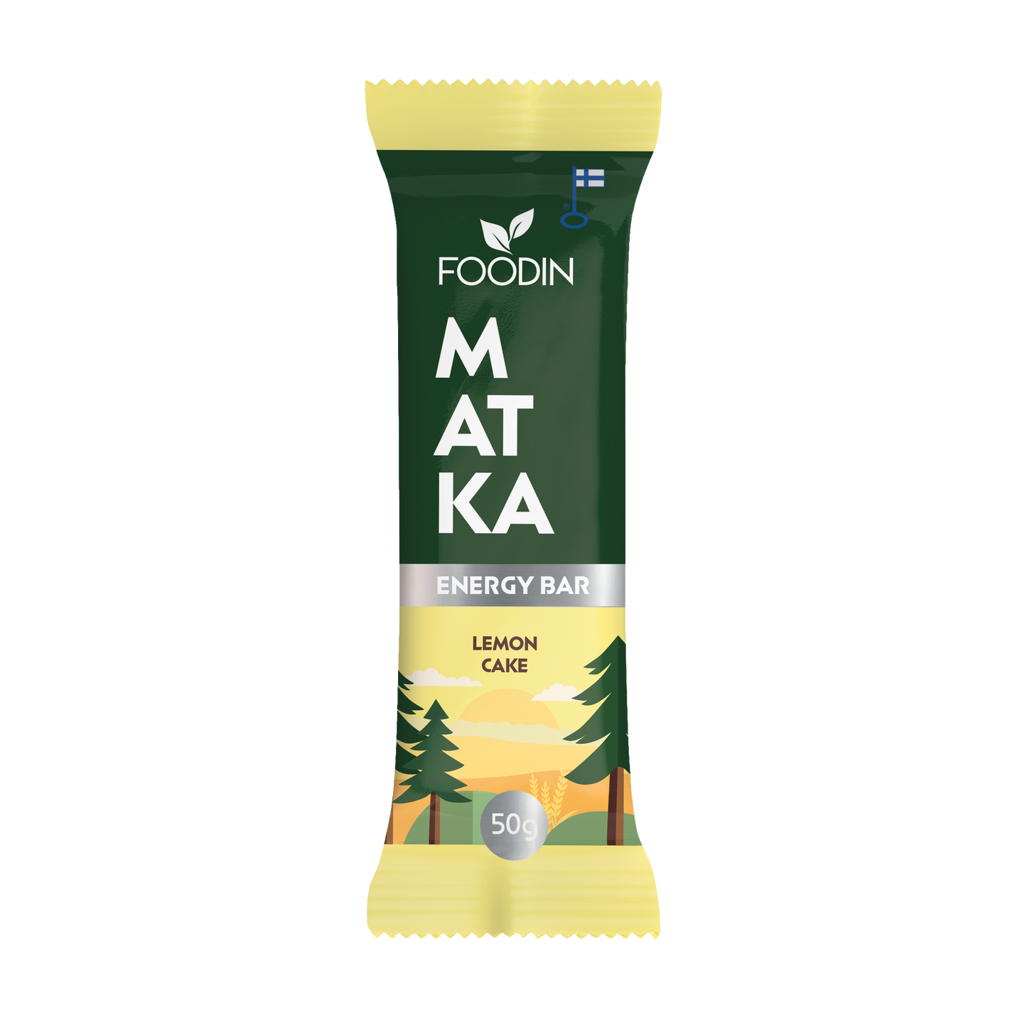 Foodin MATKA Energy Bar Lemon Cake; Foodin Matka Energy Bar sitruunakakun maussa, 50 g, vihreä ja keltainen pakkaus maisema- ja puukuvituksin; kääre mattapintainen, suorakaiteen muotoinen ja saumattu molemmista päistä; tikkukirjasin näyttää brändin ja maun etusivun etiketissä; ei ihmisiä tai käsiä näkyvissä; tuote kuvattu tasaisella taustalla suoraviivaisessa kuvassa.